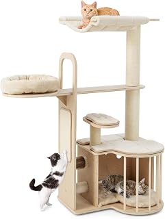 PETSITE 55 Inch Tall Cat Tree with Hammock, Condo, Plush Perch, Self Groomer and Scratching Posts