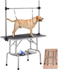 Blue foldable dog grooming table with grooming arm, noose and mesh tray – view 2