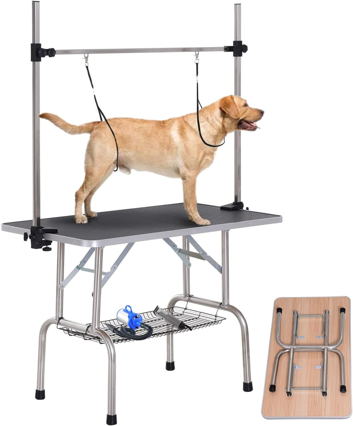 Blue foldable dog grooming table with grooming arm, noose and mesh tray – view 2