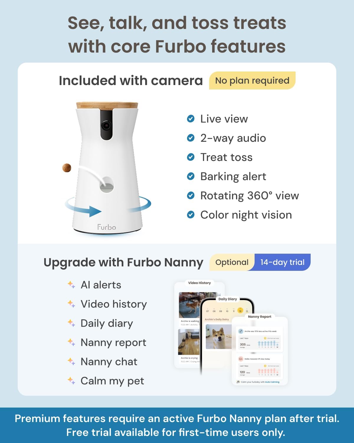 White rotating pet camera with treat dispenser on a living room shelf