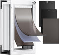 Large aluminum three flap dog door set into a thick wall