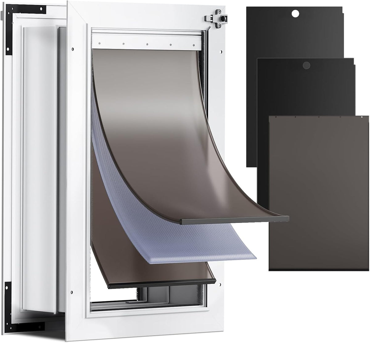 Large aluminum three flap dog door set into a thick wall