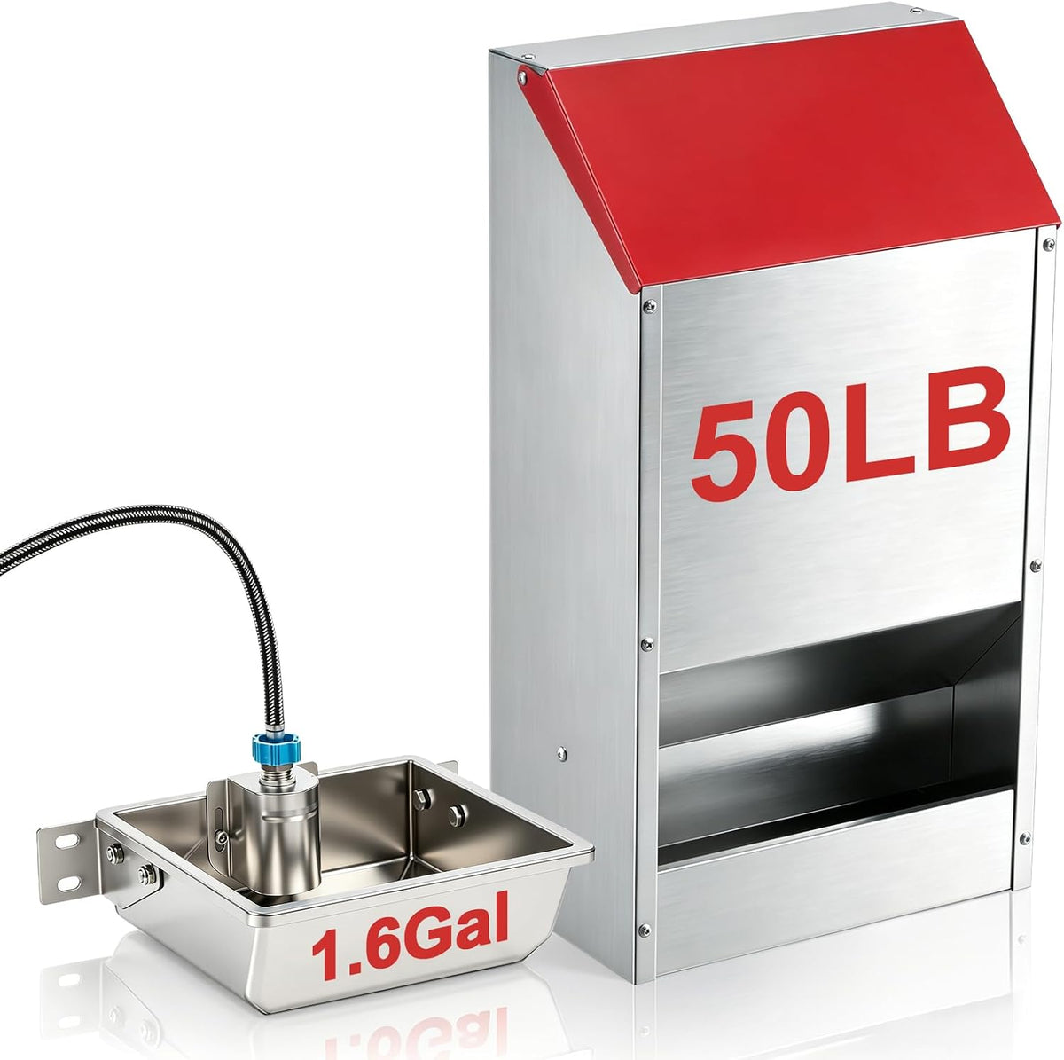 Galvanized steel gravity dog feeder beside an auto-fill water bowl with hose