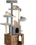 3-in-1 Cat Tree and Hidden Litter Box Enclosure, 65 Inch Tall Furniture with Scratching Post, Hammock and Perches, Rustic