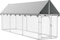 Silver galvanized steel outdoor dog kennel with a gray roof canopy