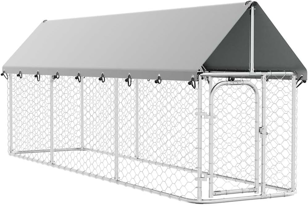 Silver galvanized steel outdoor dog kennel with a gray roof canopy