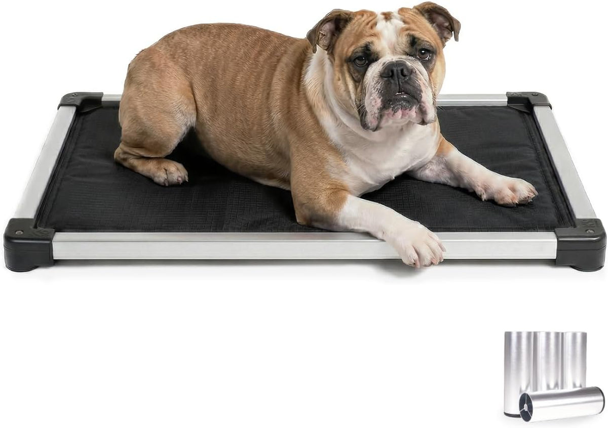 Black padded dog crate pad with aluminum frame inside a wire crate – view 2
