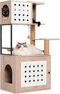 Cat Tree with Litter Box Enclosure, Large Hammock, Bed and Food Station, Gray and White