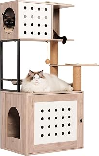 Cat Tree with Litter Box Enclosure, Large Hammock, Bed and Food Station, Gray and White