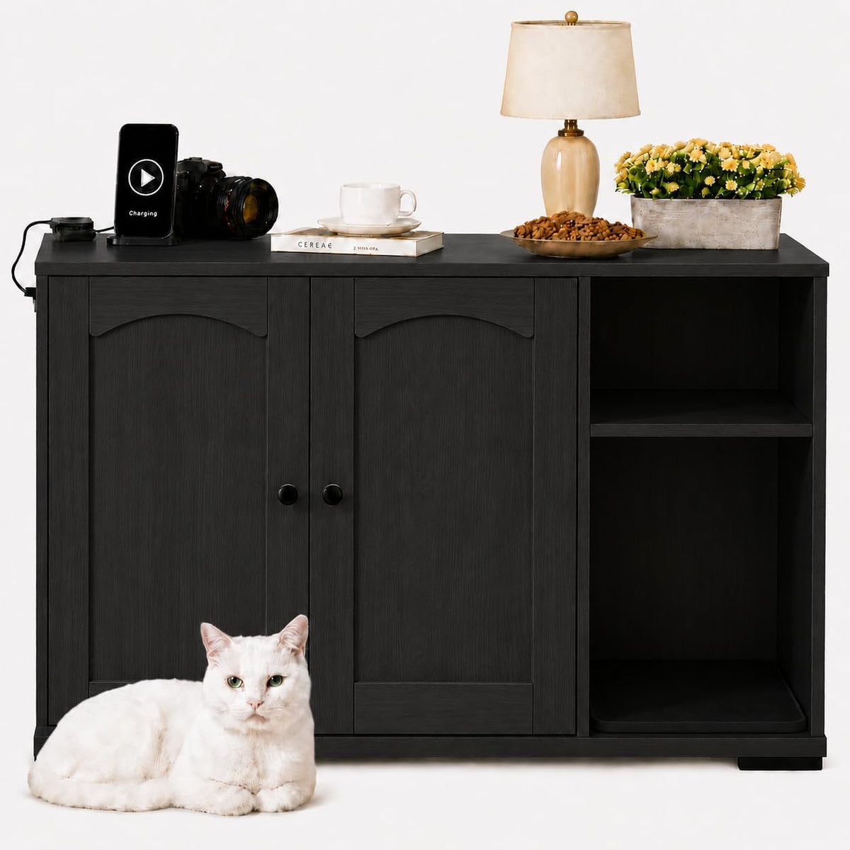 Farmhouse wooden litter box enclosure cabinet with arched door design
