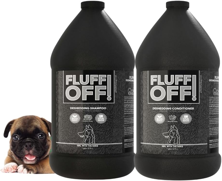 Gallon bottles of deshedding shampoo and conditioner for dogs and cats