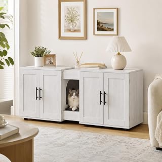 Double Cat Litter Box Enclosure for 2 Cats with Storage, Antique White