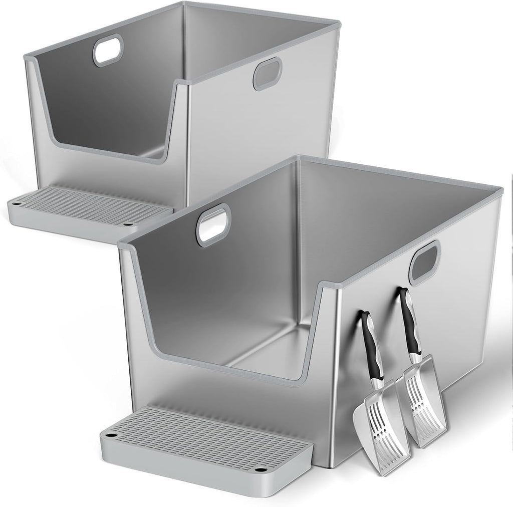 Stainless steel high-sided cat litter box with low front entry – view 4