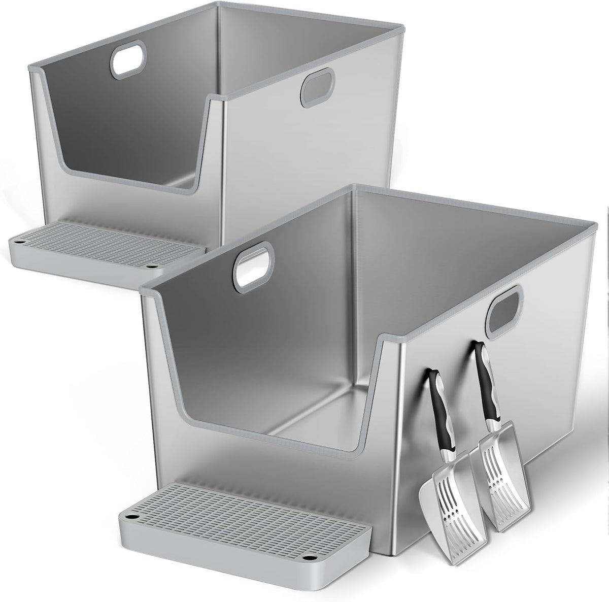 Stainless steel high-sided cat litter box with low front entry – view 4