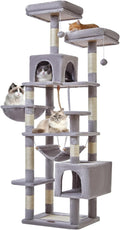 Light gray plush multi-level cat tower with caves, basket and hammock