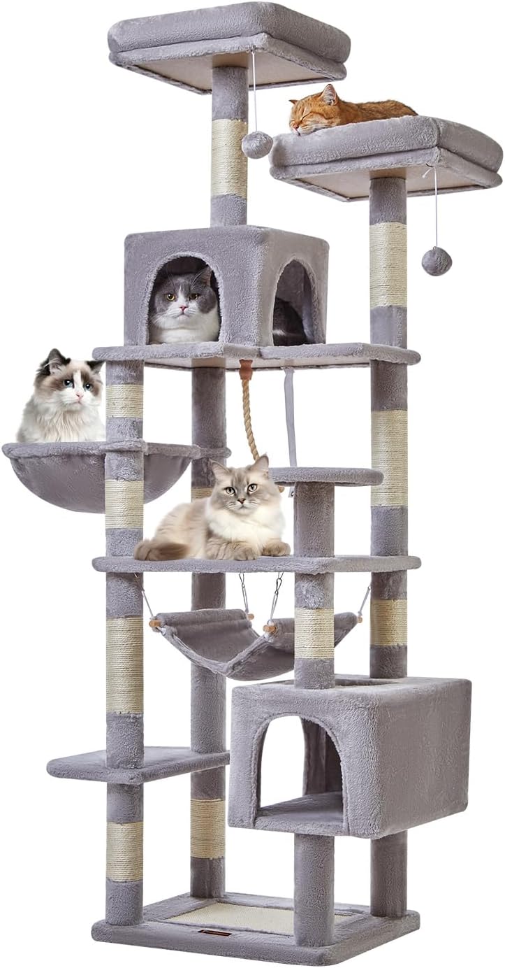 Light gray plush multi-level cat tower with caves, basket and hammock