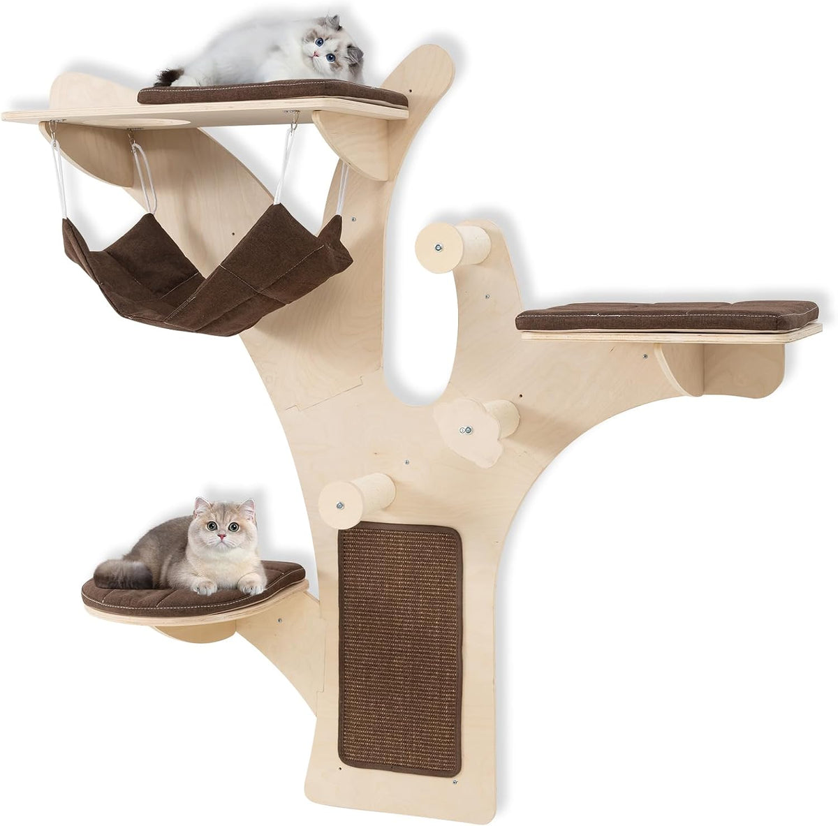 Tree-shaped wall-mounted cat shelves with sisal posts, perches and hammock