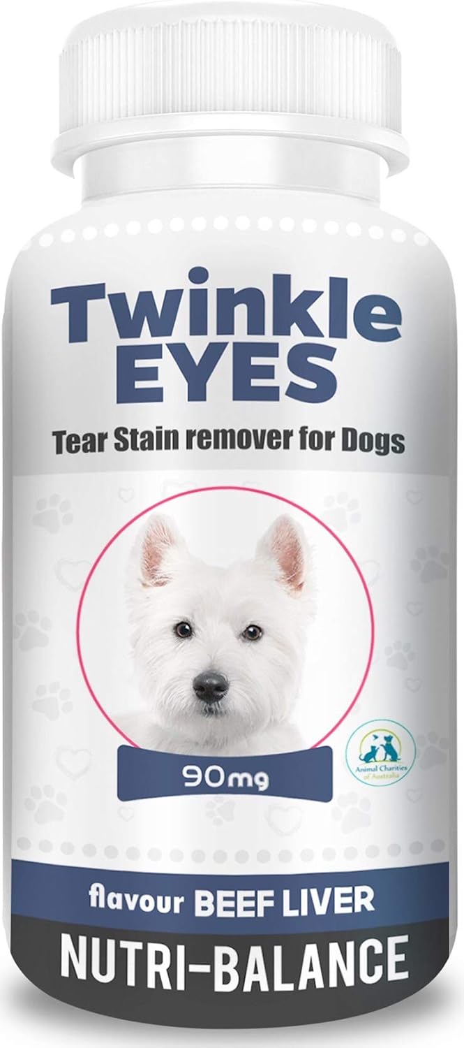 Container of beef liver flavored tear stain powder for dogs with trimming scissors