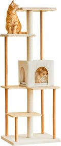 Beige modern wooden cat tower with cushioned perches and condo