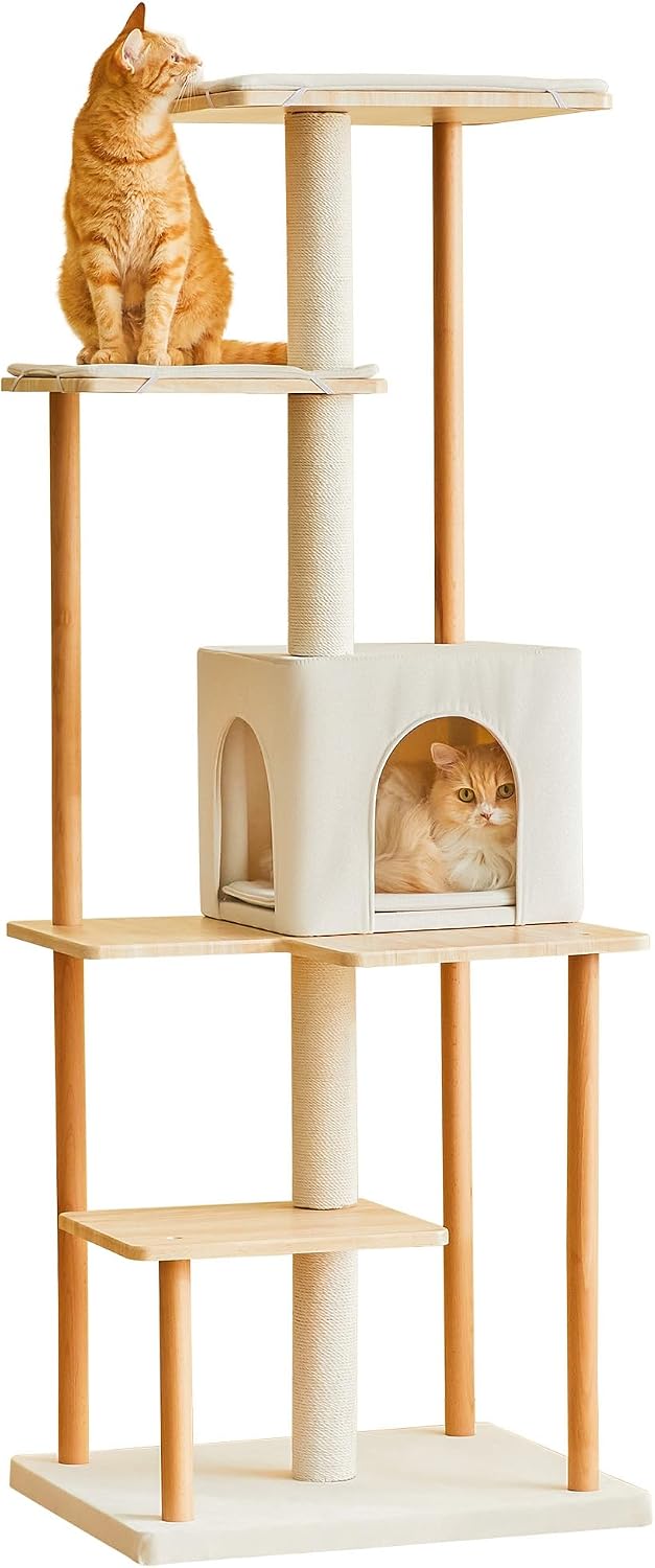 Beige modern wooden cat tower with cushioned perches and condo