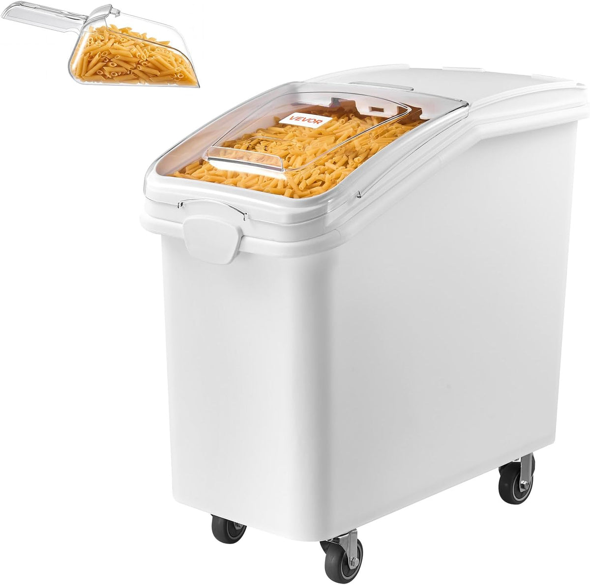 Three white airtight pet food storage bins with wheels and scoops – view 5