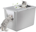 Enclosed stainless steel litter box with flip-top lid and front entry