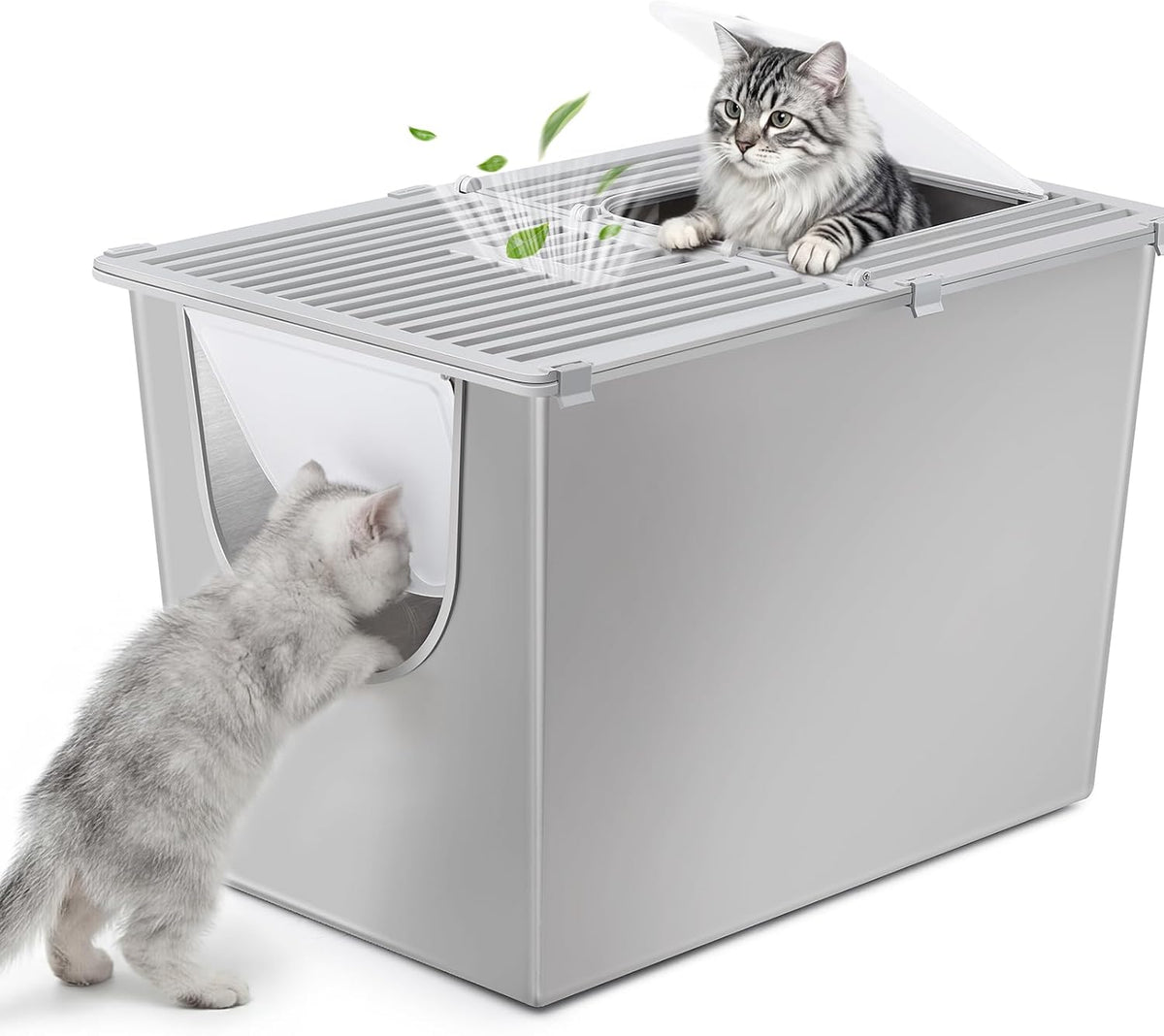 Enclosed stainless steel litter box with flip-top lid and front entry