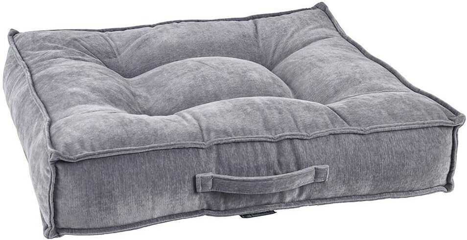 Medium square gray micro velvet dog bed with tufted center