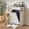 White grain dog feeding cabinet with tilt-out food bin and drawer