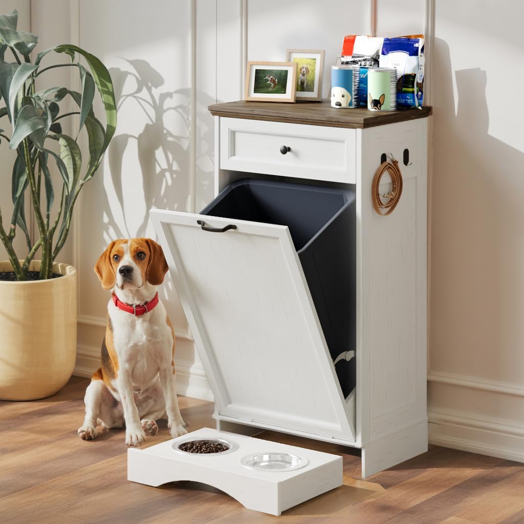 White grain dog feeding cabinet with tilt-out food bin and drawer