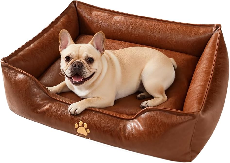 Brown waterproof leather couch dog bed with tall bolsters and removable cushion
