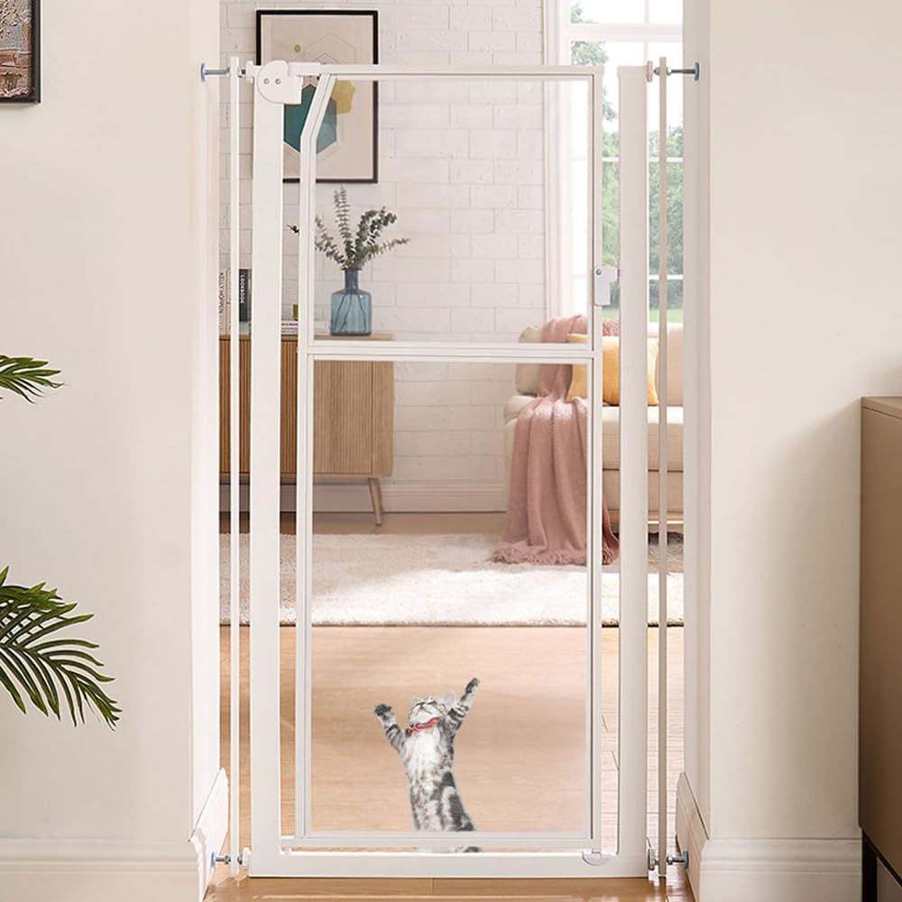 White 56 inch tall clear pressure-mounted cat gate in a hallway doorway