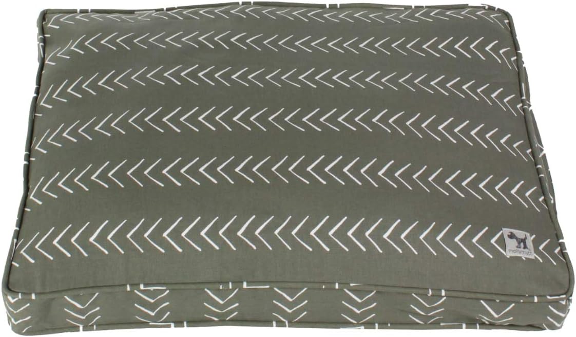 Muted green wool-filled dog crate pad with canvas cover