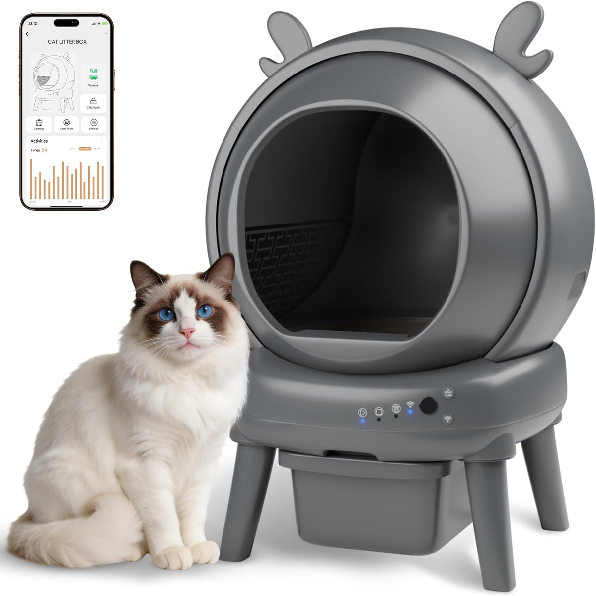 Dark grey automatic self-cleaning cat litter box with app control