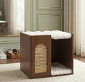 Modern Rattan Accent Pet House with Faux Fur Mat, Walnut Wood Cat Cave Bed