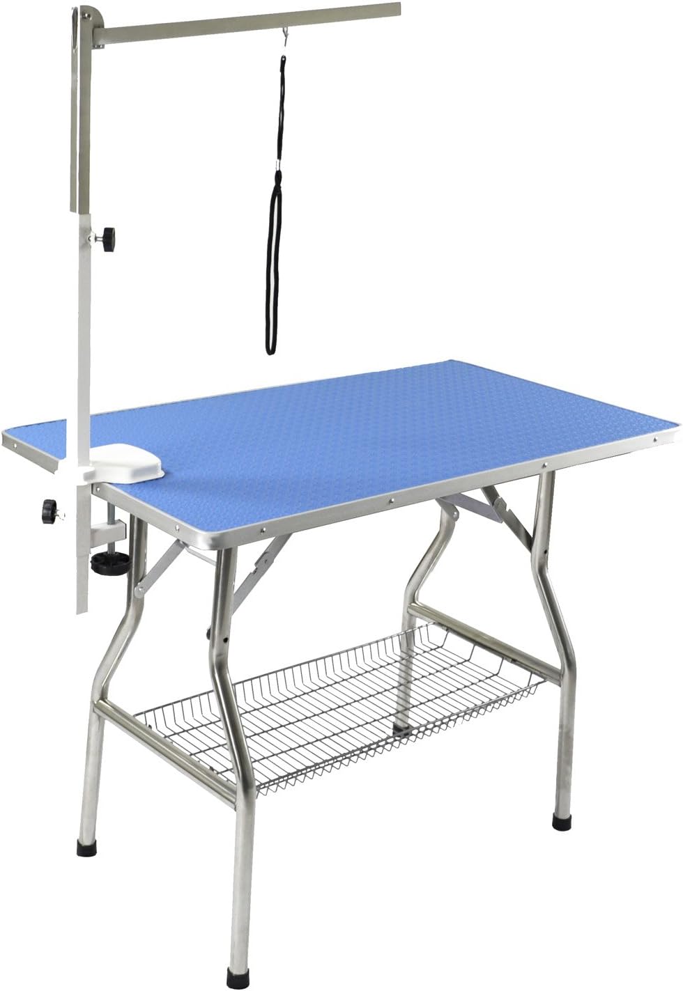 Small foldable grooming table with adjustable arm and stainless steel frame