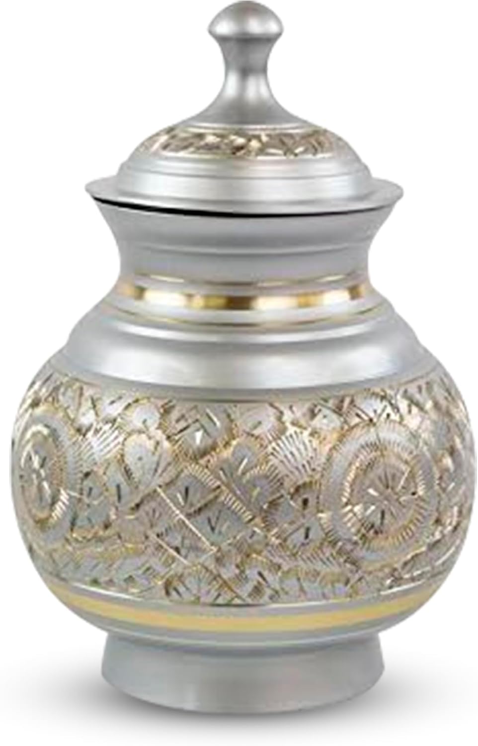 Small hand-etched brass pet cremation urn with pewter accents