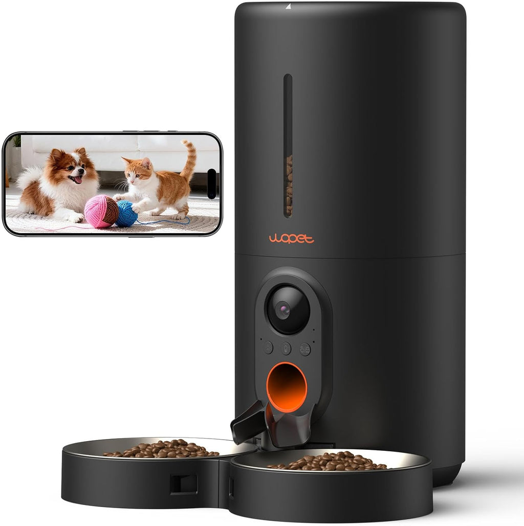 Automatic pet feeder with built-in camera and two food bowls