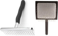 Stainless steel bathing T-rake next to a large slicker dog brush