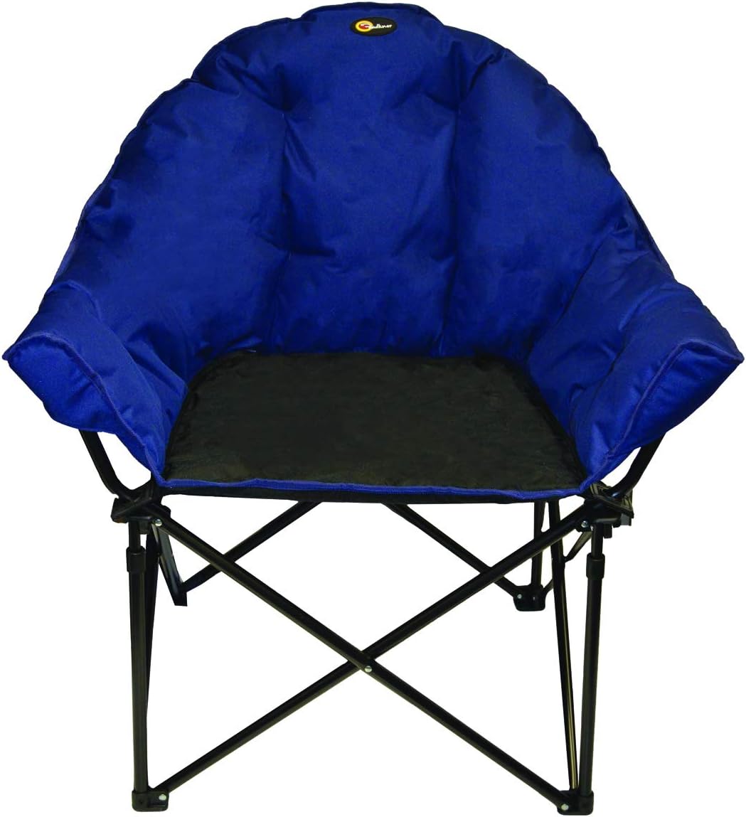 Blue and black oversized padded folding bucket chair with carry bag