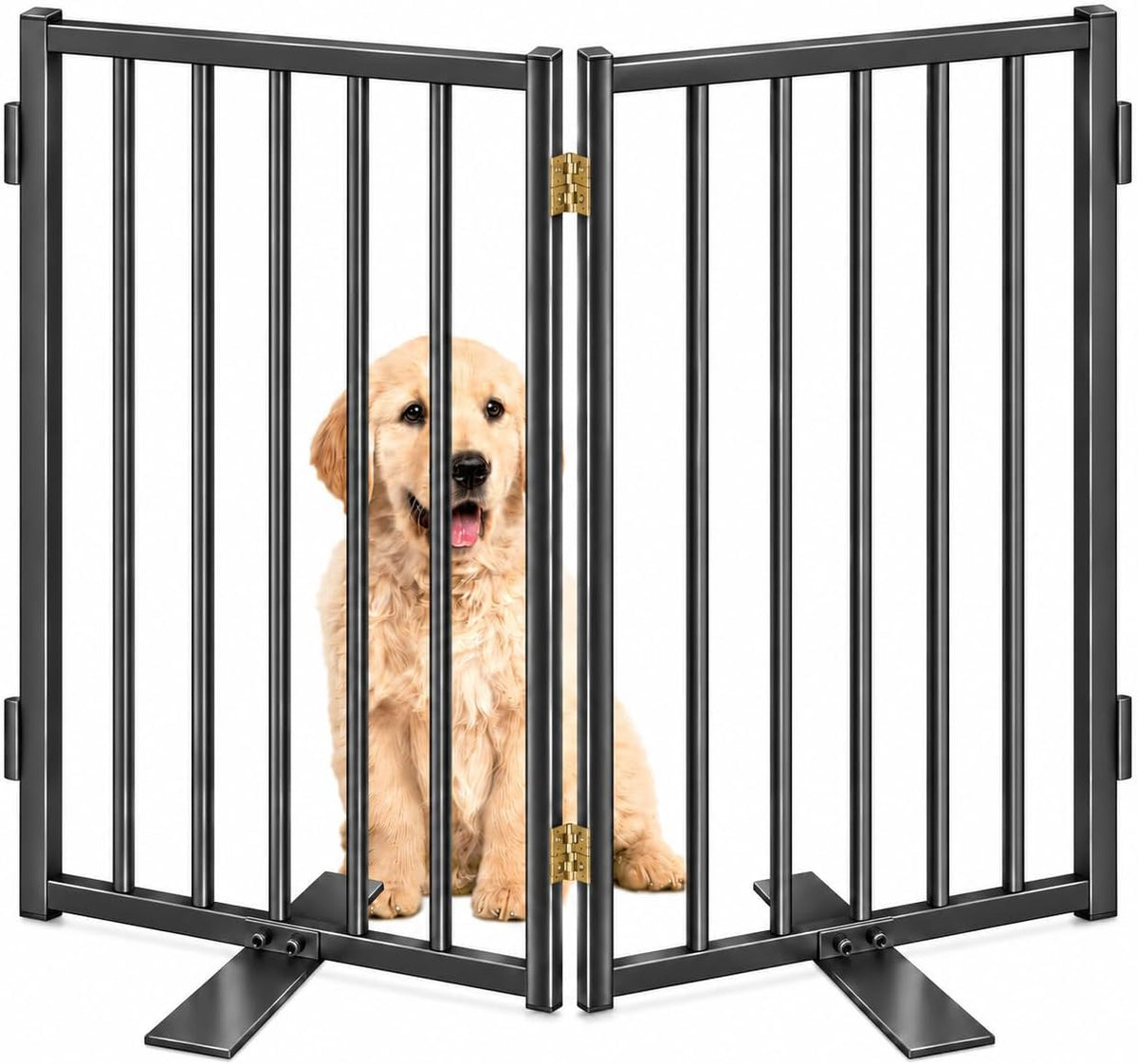 Black four-panel freestanding metal dog gate with walk-through door – view 2