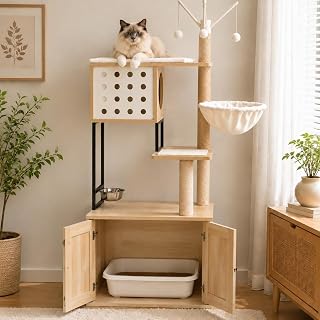 64-Inch Cat Tree with Litter Box Enclosure, 2-in-1 Cat Tower and Condo, Natural