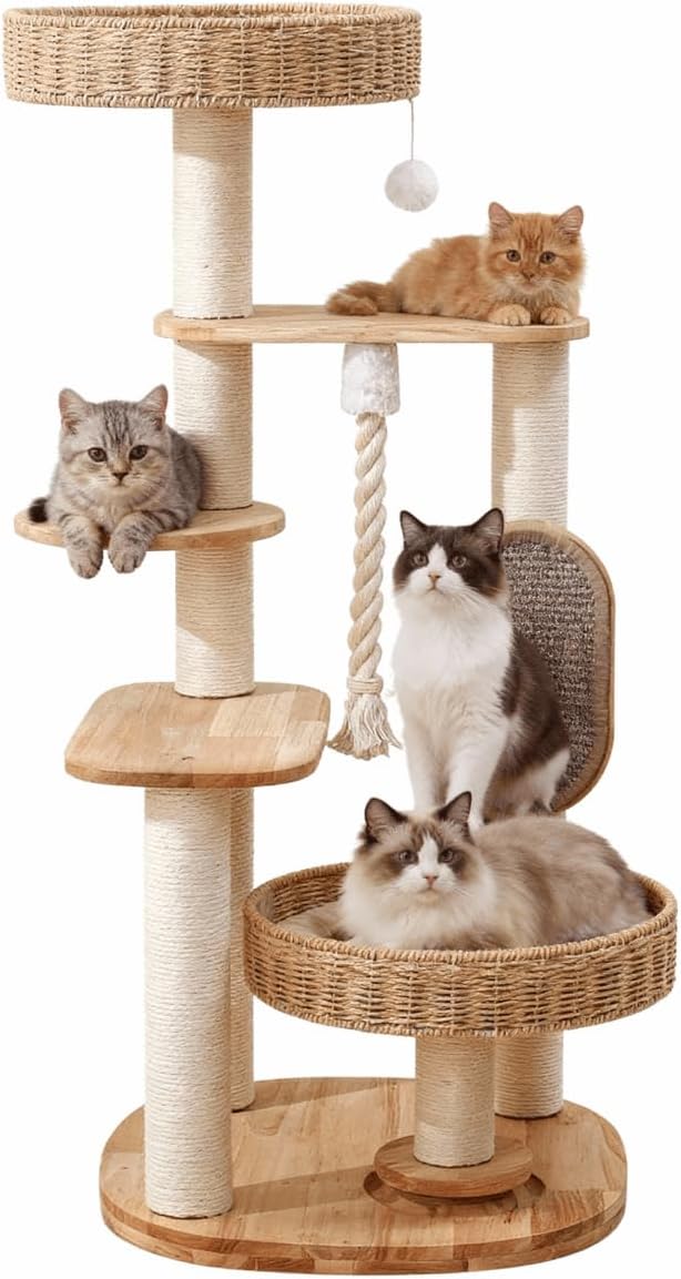 48 inch natural wood cat tree with condo and woven basket