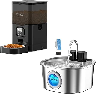 Voluas Stainless Steel Cat Water Fountain with Programmable Portion Control, 4 Meals Per Day, 10s Voice Recorder