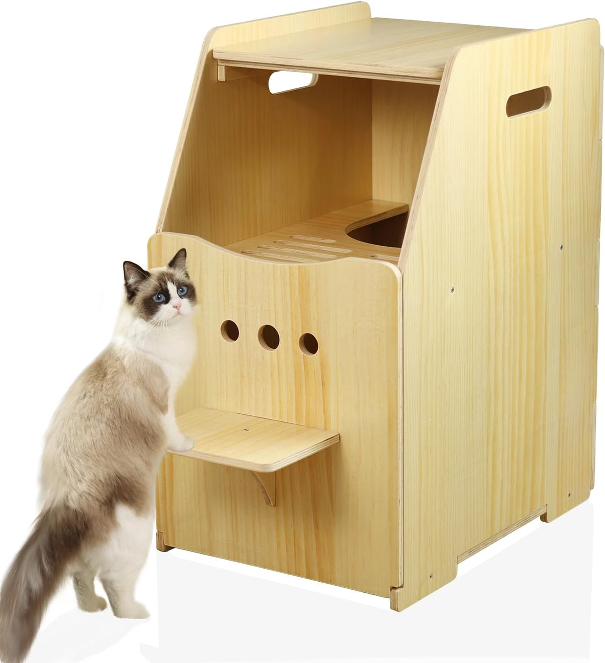 Natural wood tall top-entry litter box cabinet with stairs