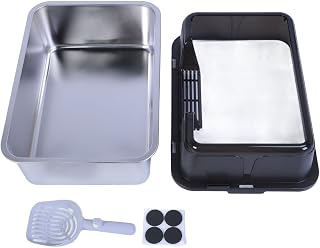 Stainless Steel Cat Litter Box, 20L, High-Sided, Anti-Splash, Black, Large