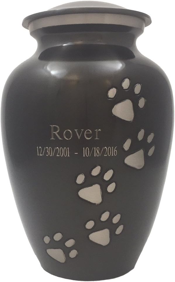 Dark grey engravable pet urn with grey paw prints and threaded lid