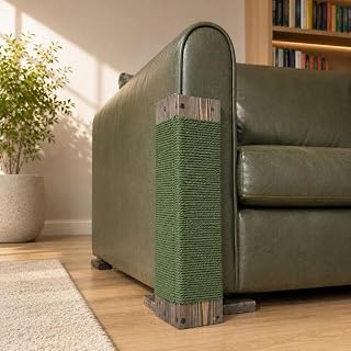Rustic Green Cat Scratching Post, Wooden Base, Sofa Armrest Style, Jute Rope