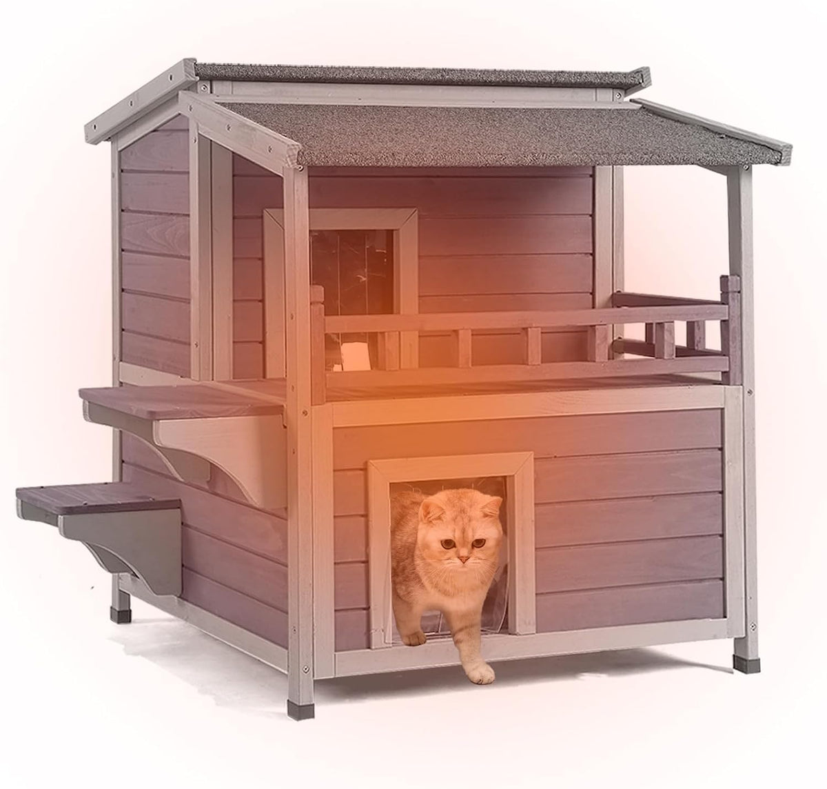 Two-story wooden cat shelter with three doors and roof