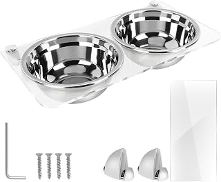 Wall Mounted Double Bowl Feeder and Waterer for Cats and Dogs, Metal